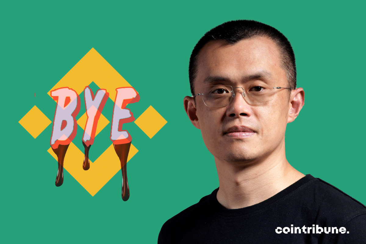 Photo de CZ, logo de Binance et vecteur BYE