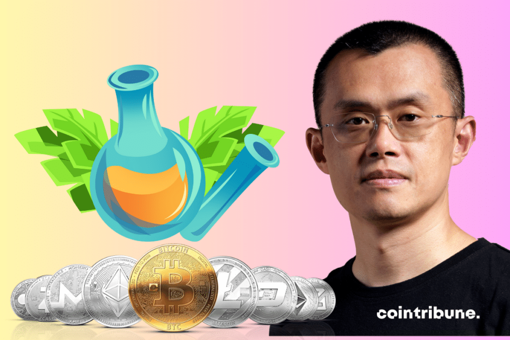 Portrait of Changpeng Zhao, biotech vector and cryptocurrency coins