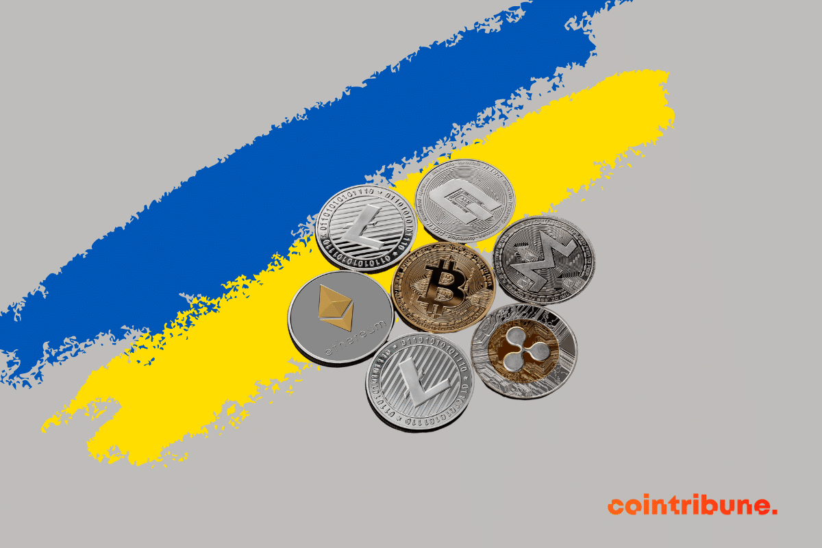 Le drapeau de l'Ukraine avec des pièces de cryptos