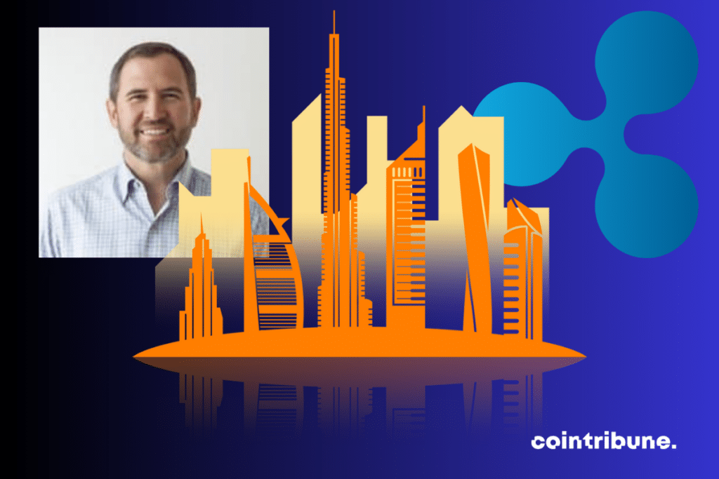 Photo de Brad Garlinghouse, logo de Ripple et icône de la ville de Dubaï