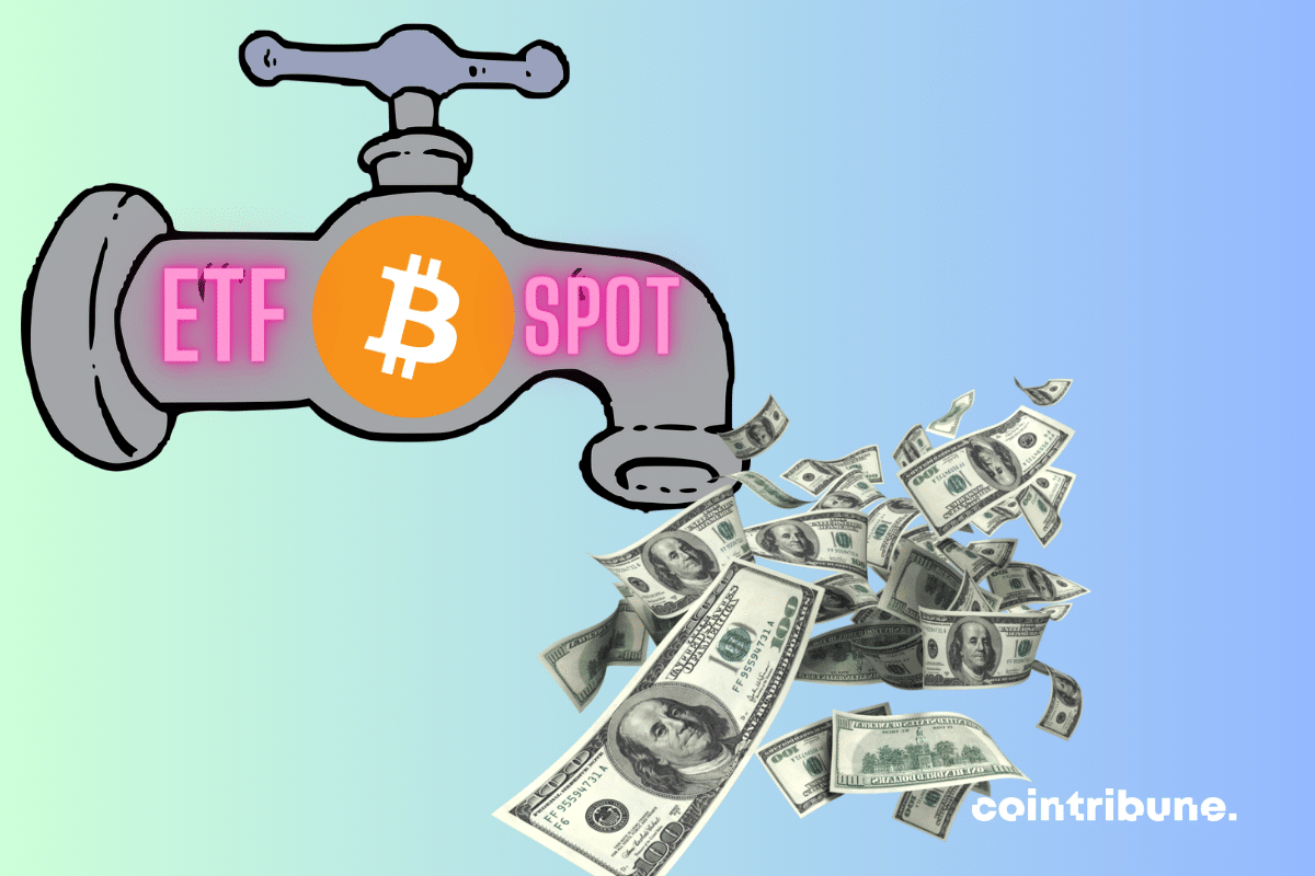 Vecteur robinet, billets de dollars, logo de bitcoin et mention "ETF Spot"