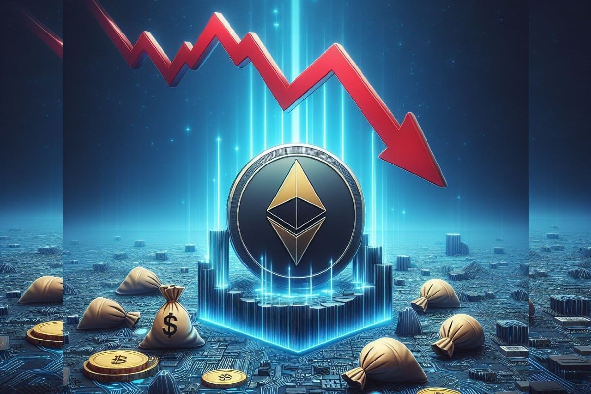 Ethereum - an ETH coin with a downward arrow in deflation