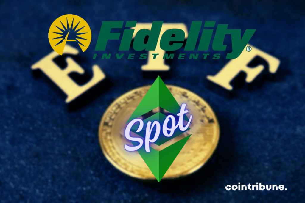 Vecteur d'ETF, logos d'Ethereum et de Fidelity Investments, mention "Spot"