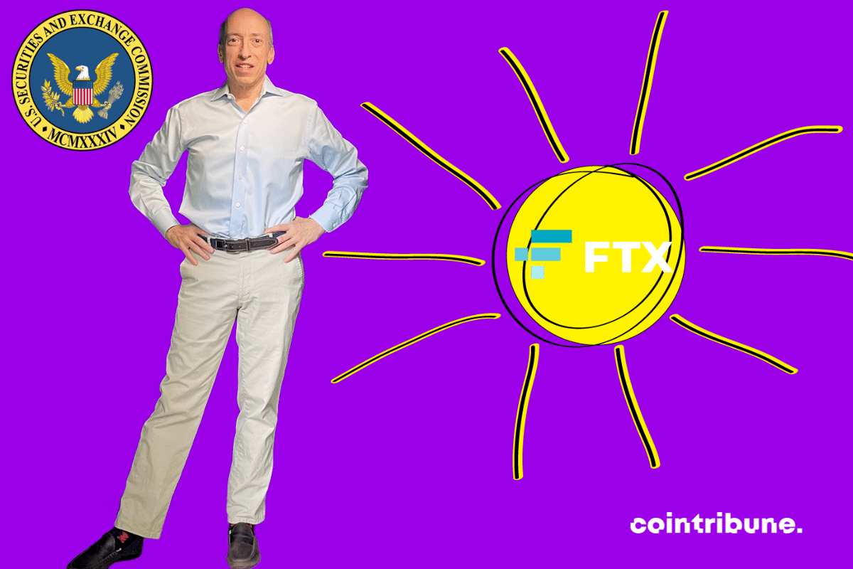 Photos de soleil et de Gary Gensler, logo de la SEC, mention "FTX"