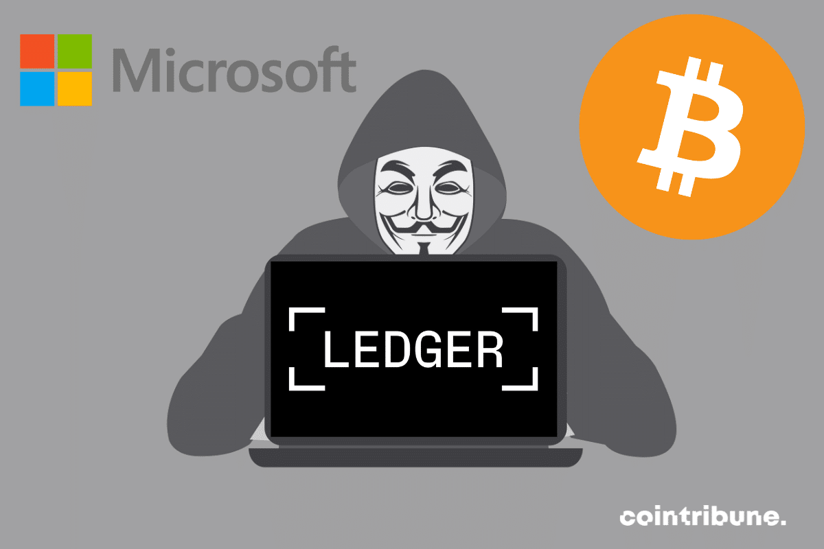Photo de hacker, logos de Microsoft, Ledger et Bitcoin