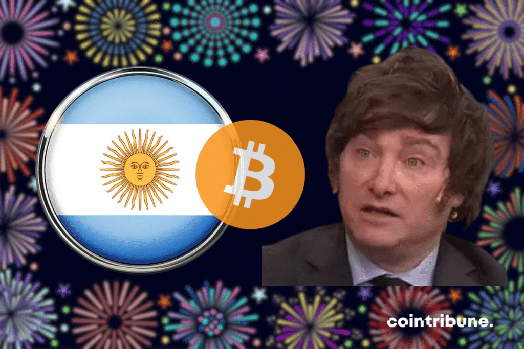 Vecteur feu d'artifices, photo de Javier Milei, drapeau de l'Argentine et logo de bitcoin