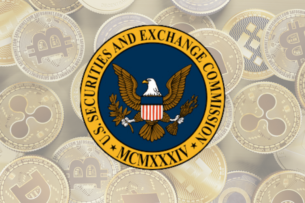 Logo de la SEC avec en arrière plan, les pièces de quelques cryptos dont le bitcoin, la cryptomonnaie phare