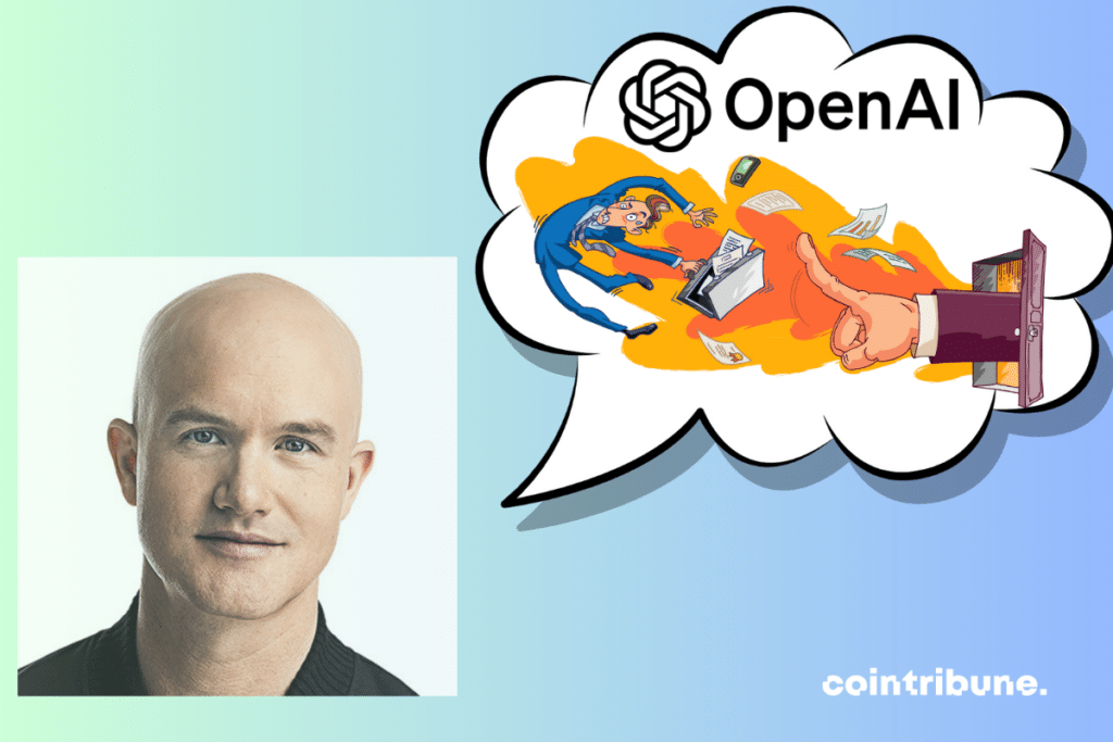 Photo de Brian Armstrong, bulle de discussion et vecteur de licenciement avec logo d'OpenAI