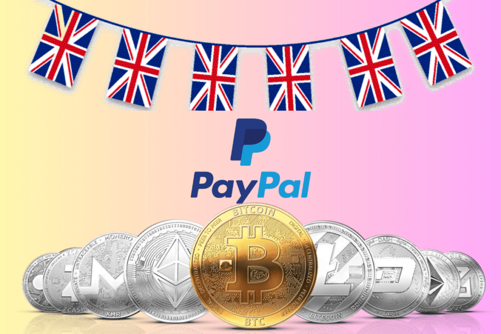 Pièces de cryptomonnaies, guirlande drapeau Royaume-Uni, et logo de PayPal