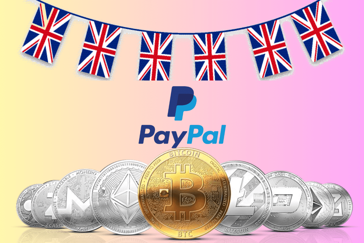 Pièces de cryptomonnaies, guirlande drapeau Royaume-Uni, et logo de PayPal