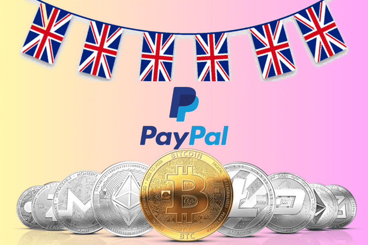 Cryptocurrency coins, UK flag garland, and PayPal logo