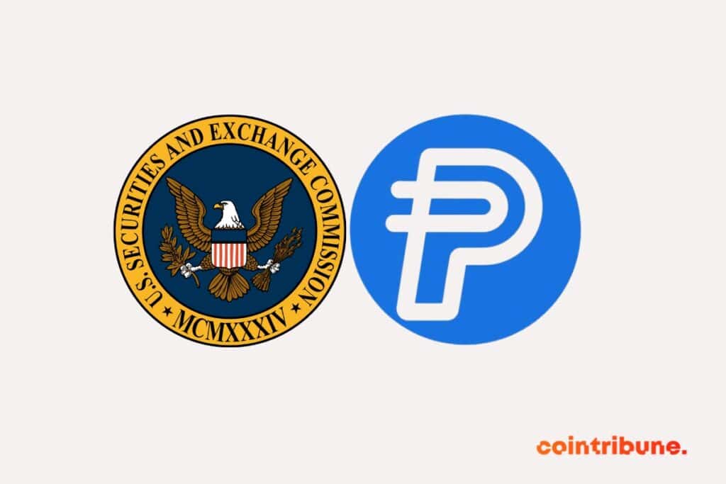 Logos de la SEC et de PayPal, qui a vu ses actions grimper en dépit de l'attaque judiciaire contre sa crypto PYUSD