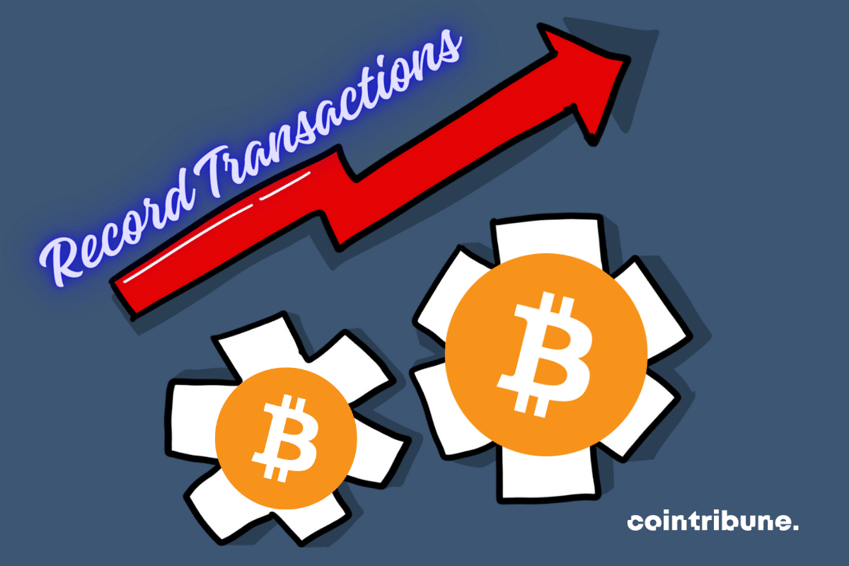 development vector, bitcoin logos and “record transactions” mention