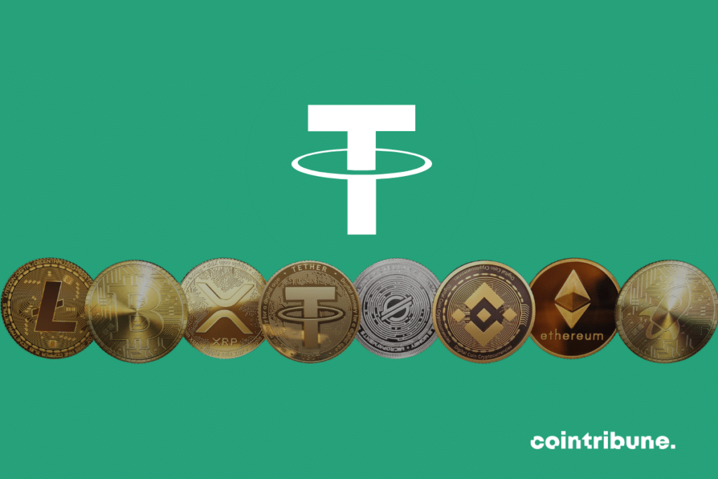 Pièces de quelques cryptos dont l'USDT, le stablecoin émis par Tether