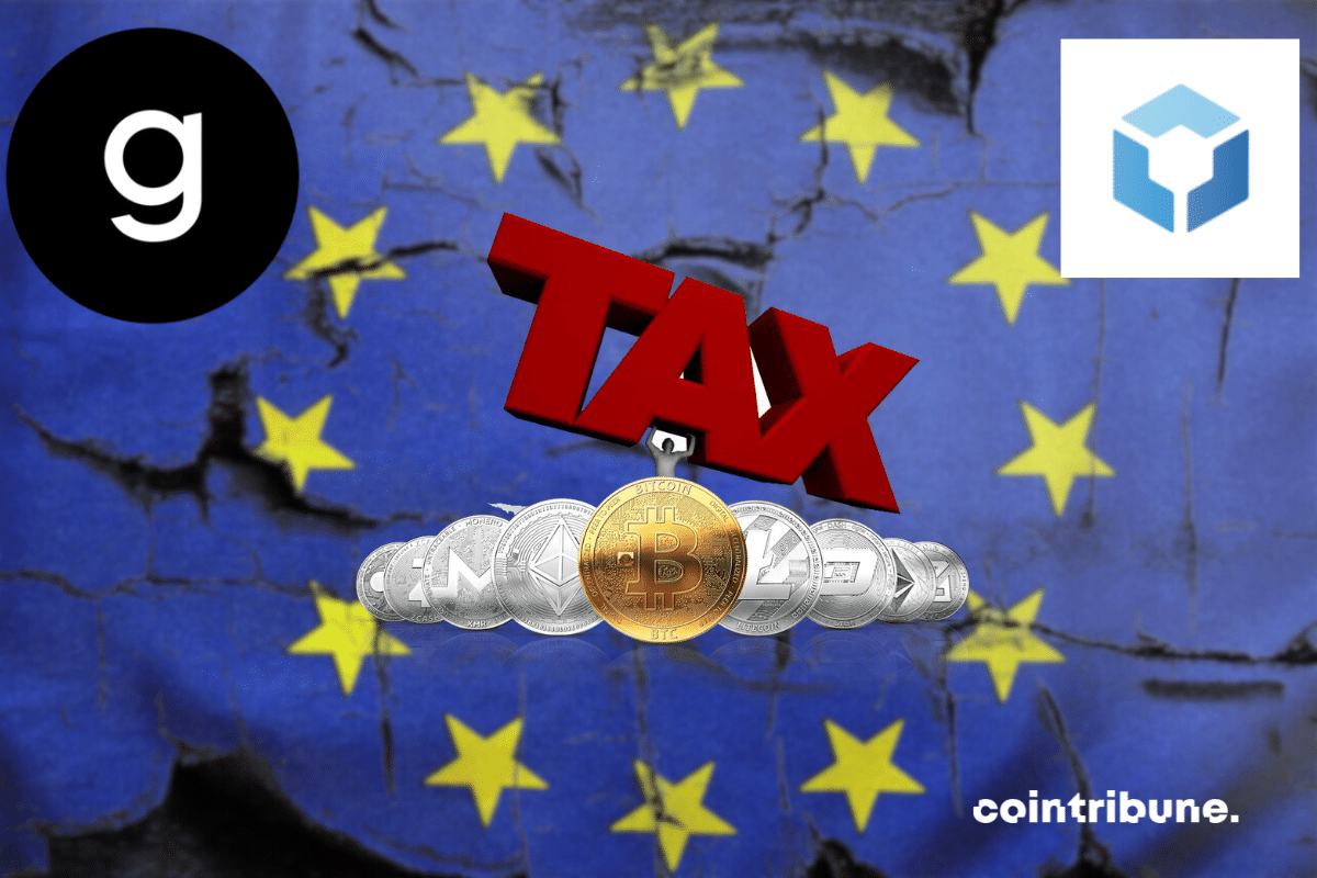 Drapeau de l'UE, logos de Glassnode et de Blockpit, icône TAX et pièces de cryptomonnaies