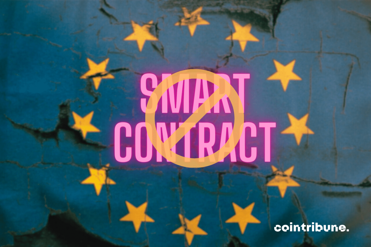 Drapeau de l'Union européenne, mention "smart contract" et icône interdiction
