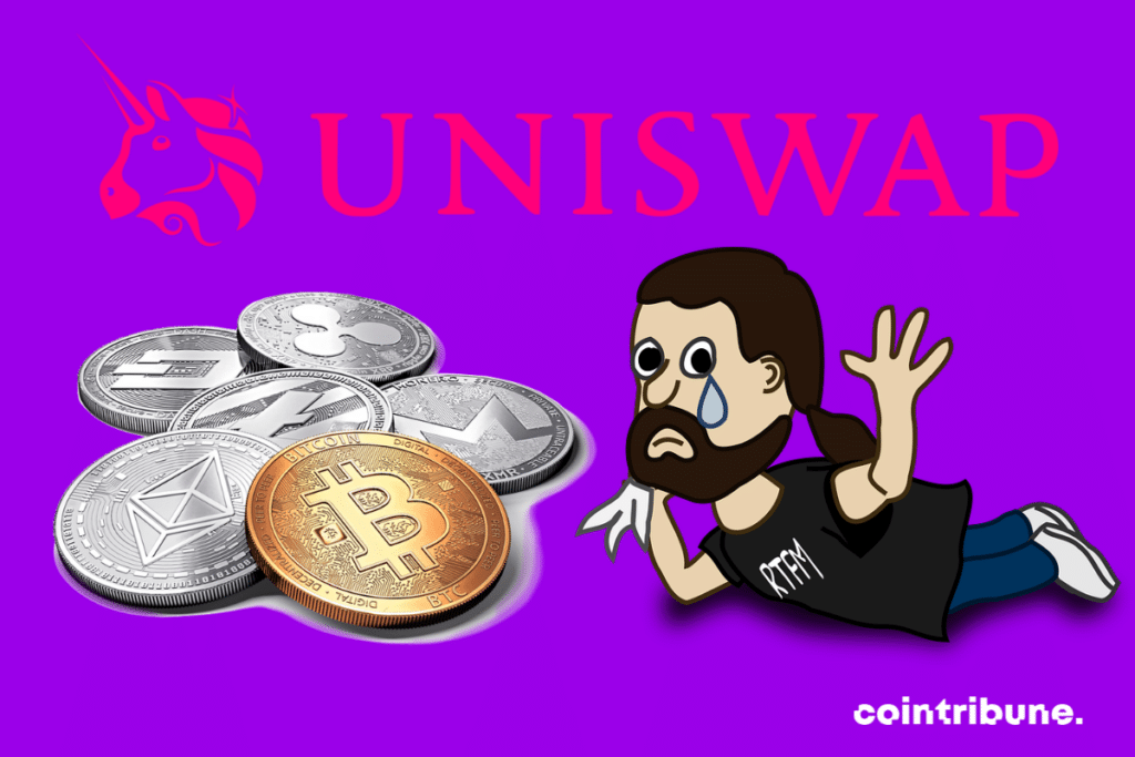 Logo d'Uniswap, image d'un homme pleurant et pièces de cryptomonnaies