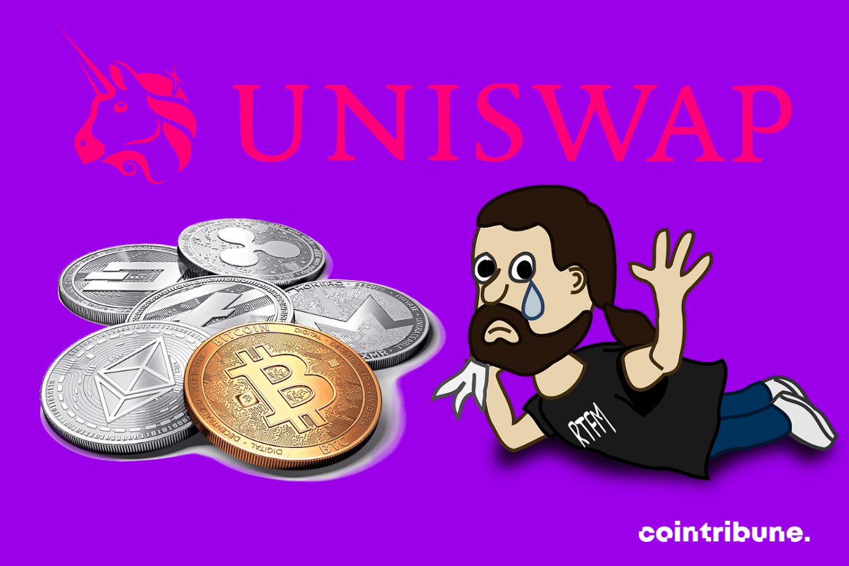 Logo d'Uniswap, image d'un homme pleurant et pièces de cryptomonnaies