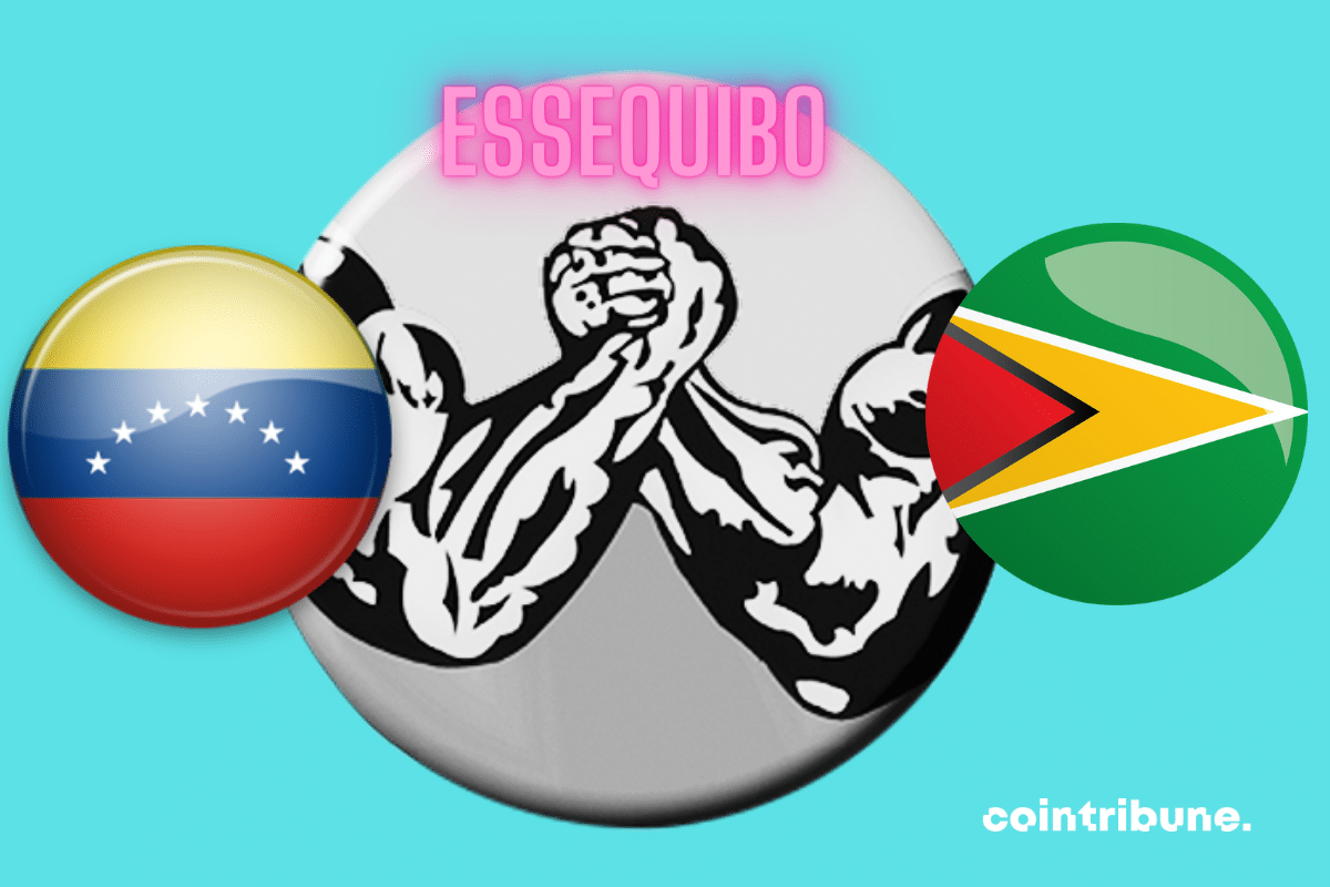 Arm-wrestling vector, Guyana and Venezuela flags, "Essequibo" logo