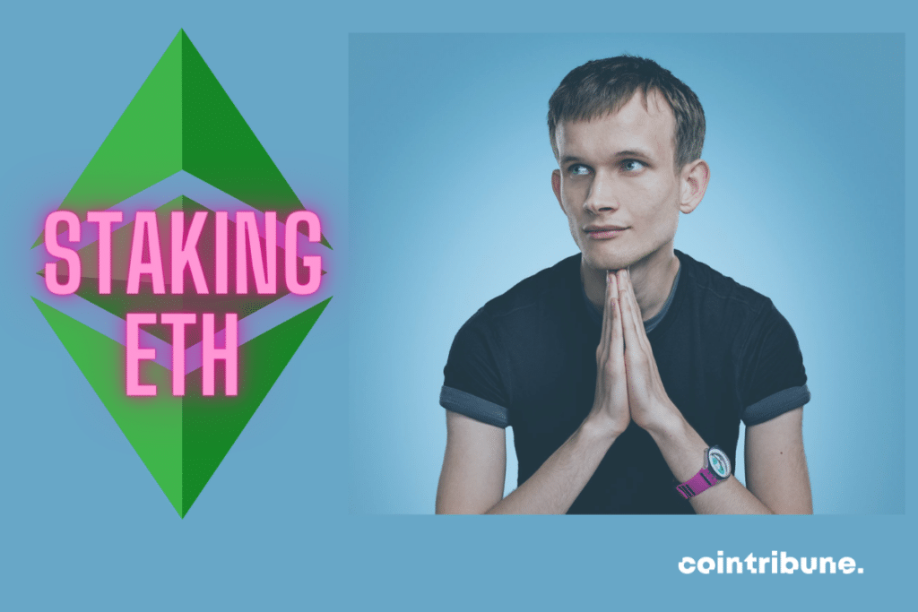 Portrait de Vitalik Buterin, logo d'Ethereum et mention "Staking ETH"