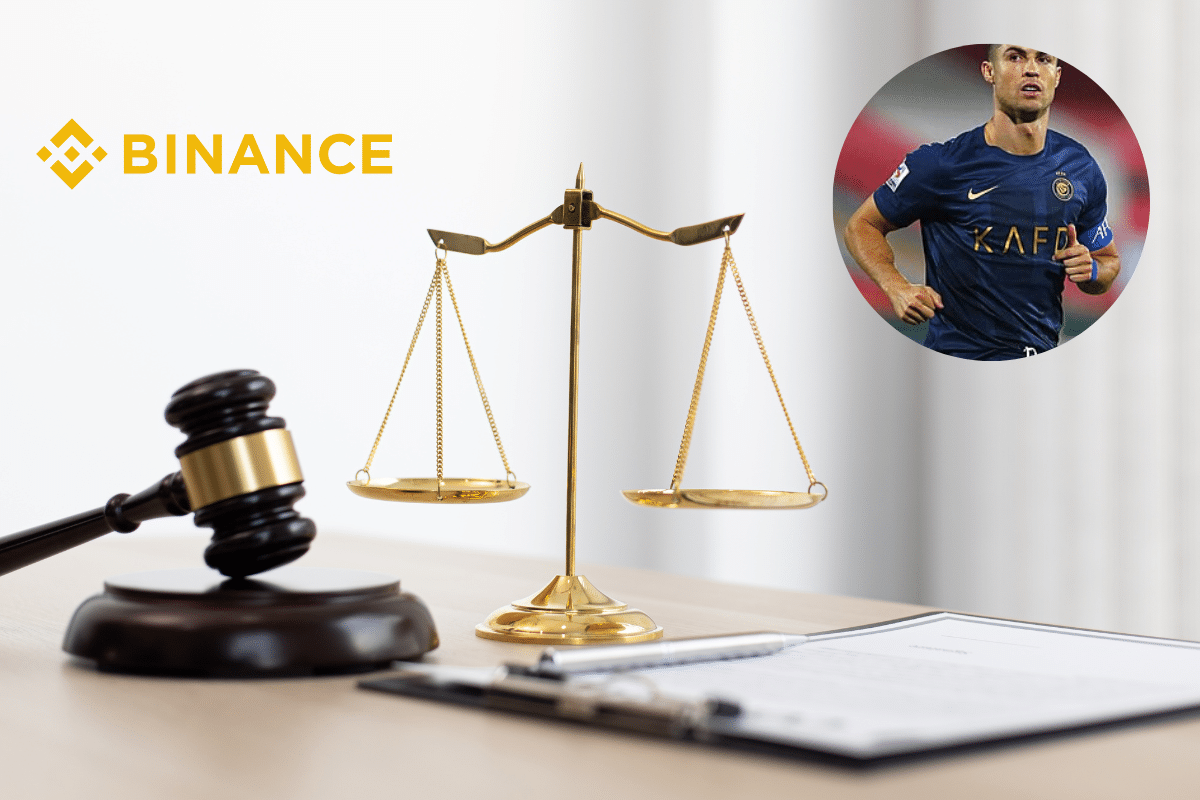 Court and justice with Cristiano Ronaldo portrait and Binance logo