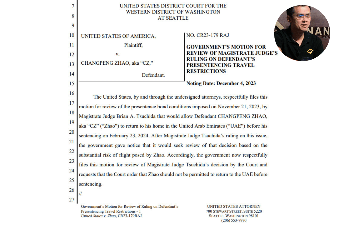 Motion filed by the Department of Justice (DOJ) in Binance CZ case