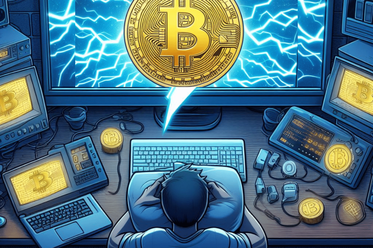 Un developpeur Lightning Bitcoin se reveille devant un ordinateur