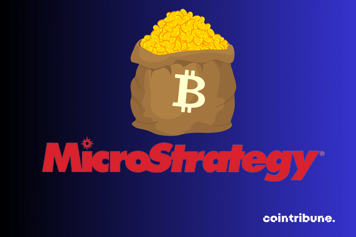 Une bourse contenant des pièces de bitcoin et le logo de MicroStrategy