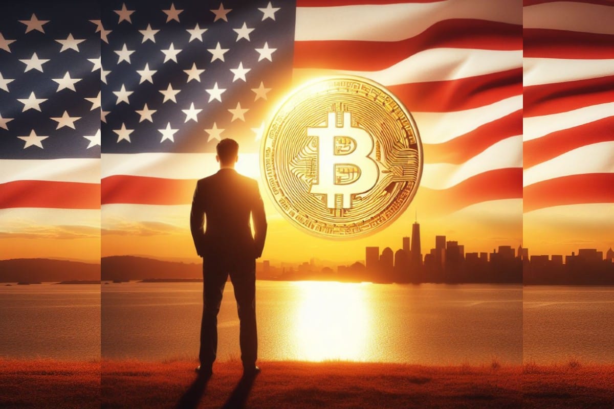 Crypto - un homme debout devant un lac aux USA avec le drapeau des USA et bitcoin