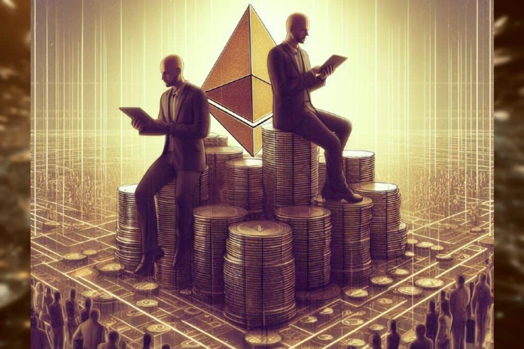 Two men sitting on a Ponzi pyramid, fraud, with Ethereum crypto