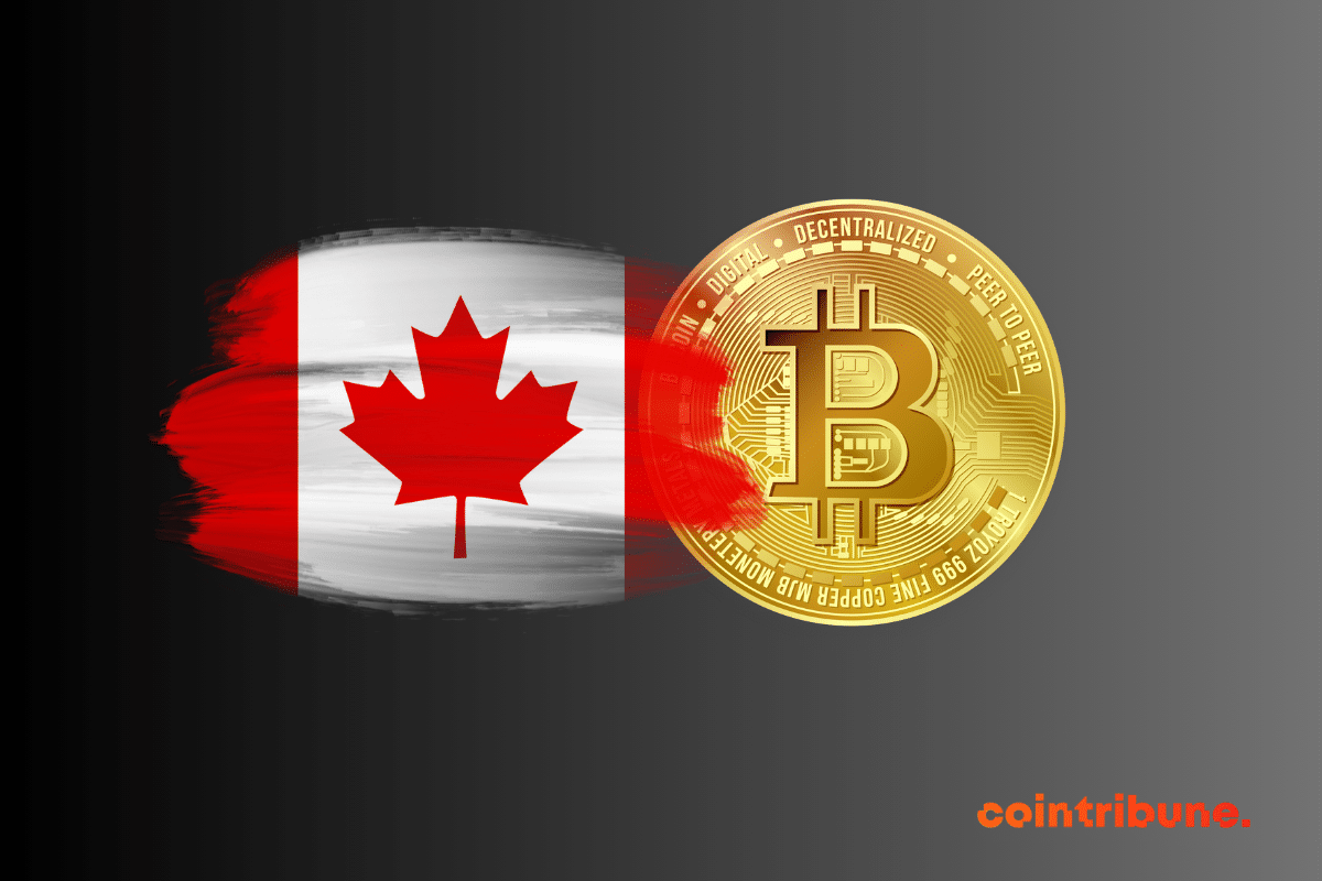 Le drapeau canadien et une pièce de bitcoin, la crypto phare