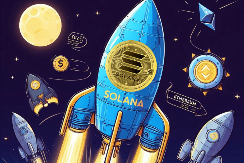 La crypto Solana representee par une fusee bleue decole