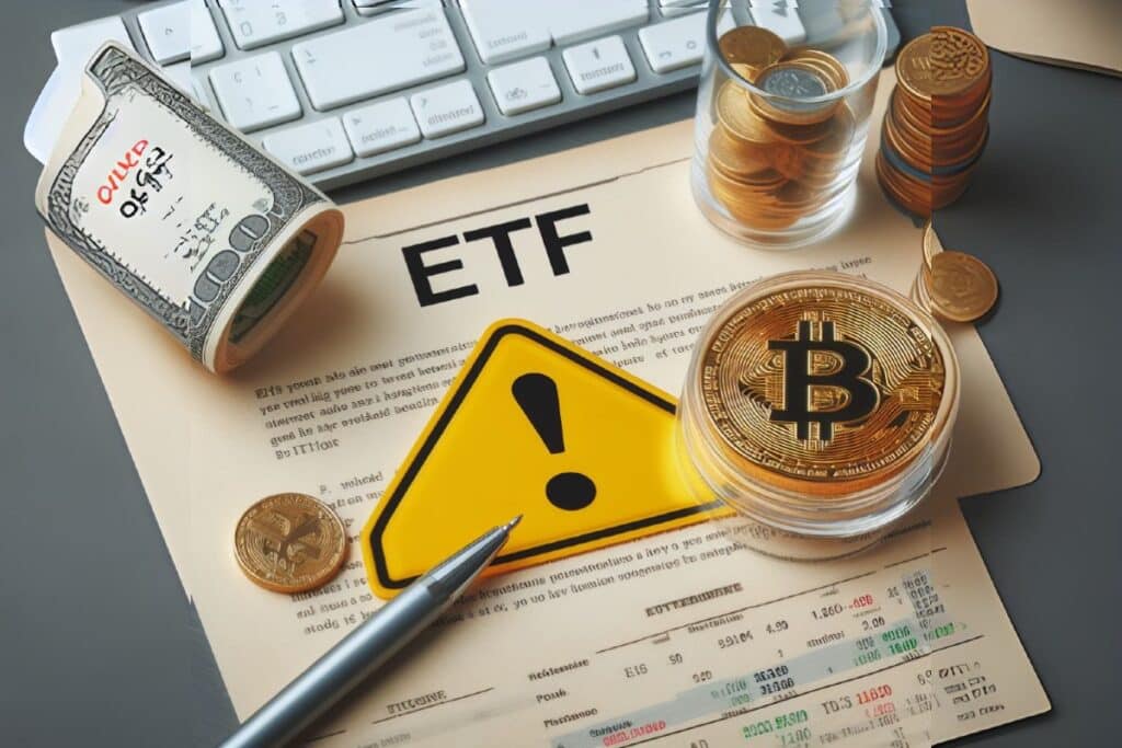 Bitcoin - Un papier ETF avec des pièces de Bitcoin, avec un panneau d'avertissement