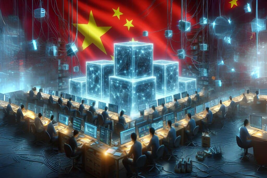 Crypto - developers working on the development of a blockchain with the Chinese flag in the background