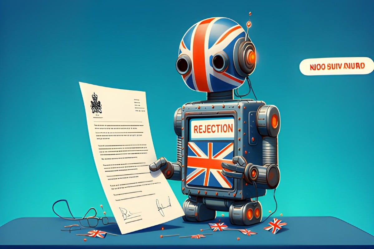 IA - une IA avec le drapeau du Royaume-Uni recevant une lettre de rejection