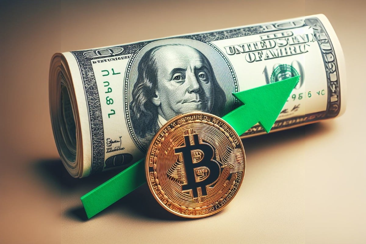 Crypto - une pièce de bitcoin avec un billet de dollar et une flèche vers le haut