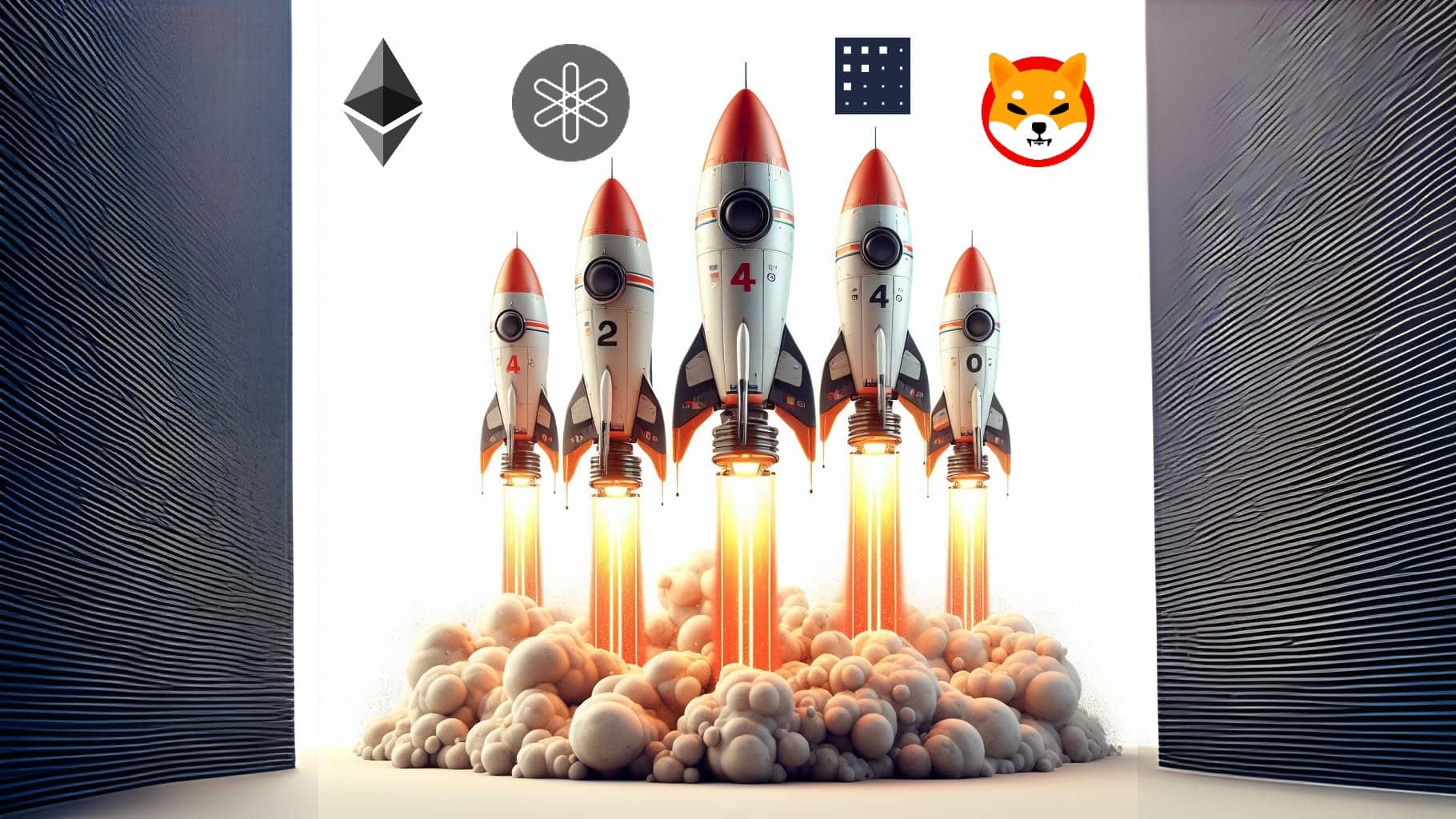 crypto - des fusées en décollage avec le loge de ETH, SHIB, DENT, FET en haut