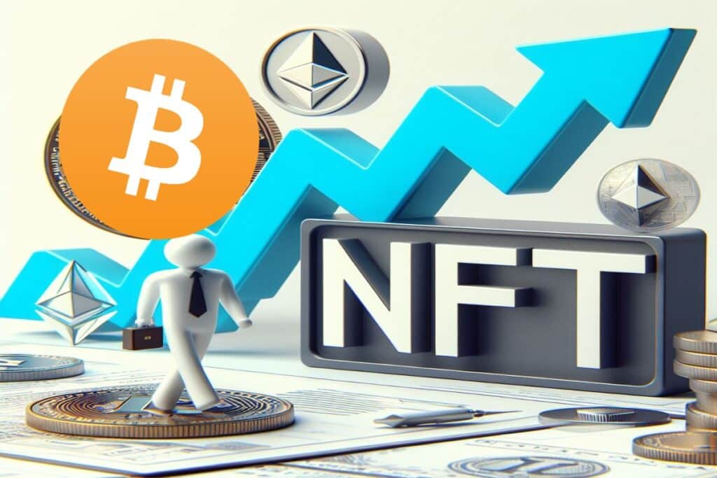 NFT - Des logos de Crypto et NFT avec une flèche qui monte désignant un marché haussier.