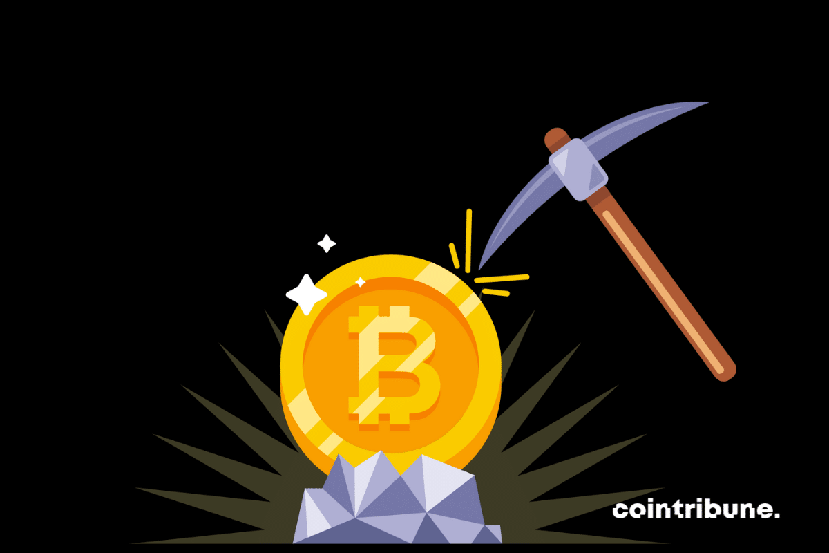 Un marteau et une pièce de bitcoin pour illustrer le minage de cette cryptomonnaie