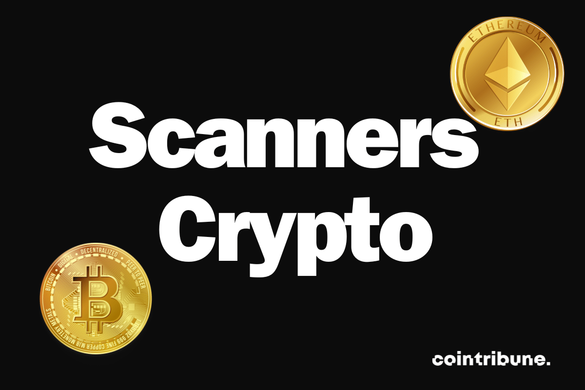 Deux pièces de bitcoin séparées par la mention "Scanners crypto"
