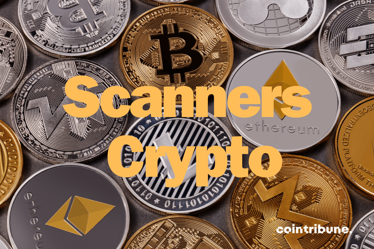 La mention "scanners crypto" avec en arrière plan, des pièces de cryptomonnaies