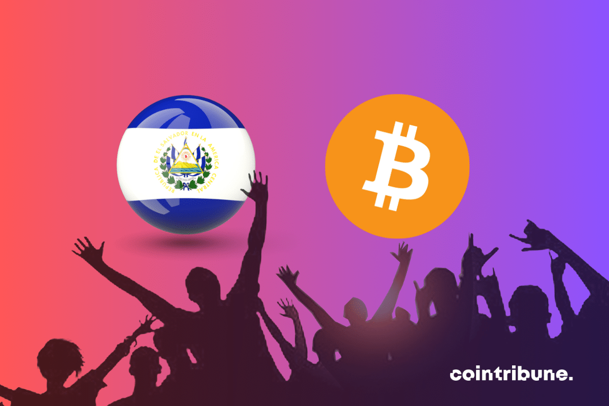 Image of a crowd, Salvador flag and Bitcoin logo