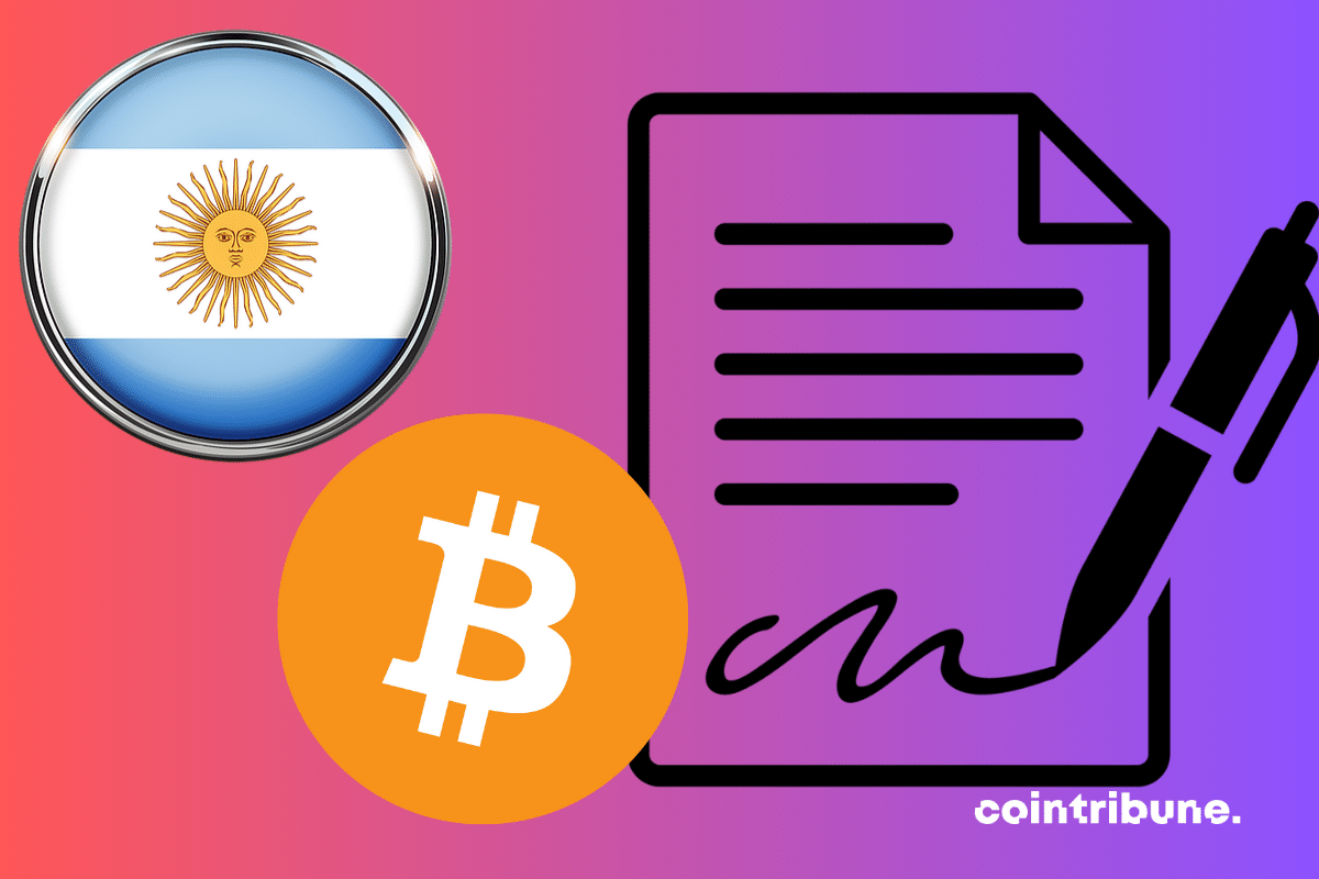 Drapeau de l'Argentine, logo de bitcoin, vecteur de contrat