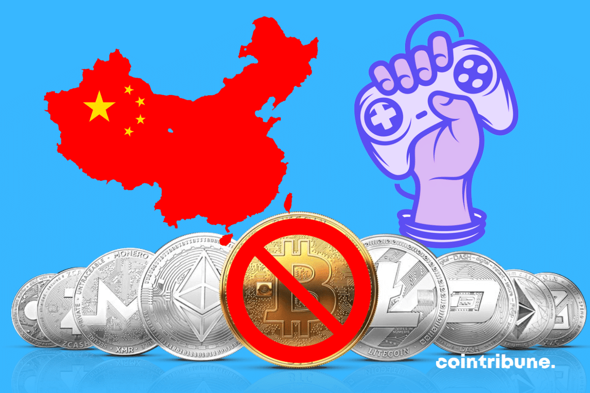 Drapeau de la Chine, vecteur de gaming, pièces de cryptomonnaies et icône d'interdiction