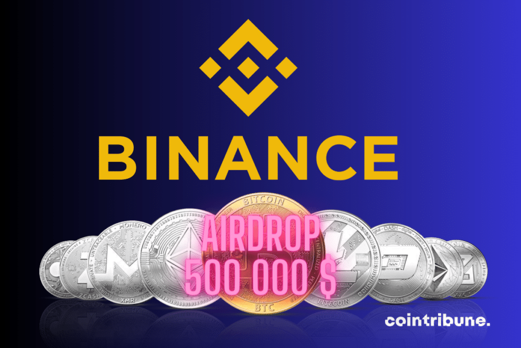 Logo de Binance, pièces de cryptomonnaies et mention "Airdrop 500000 $"
