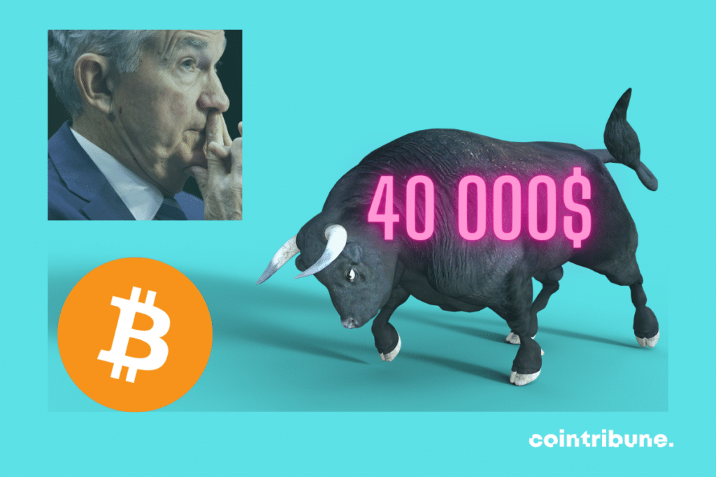 Photos de bull et de Jerome Powell, logo de bitcoin, et mention "40 000 $"