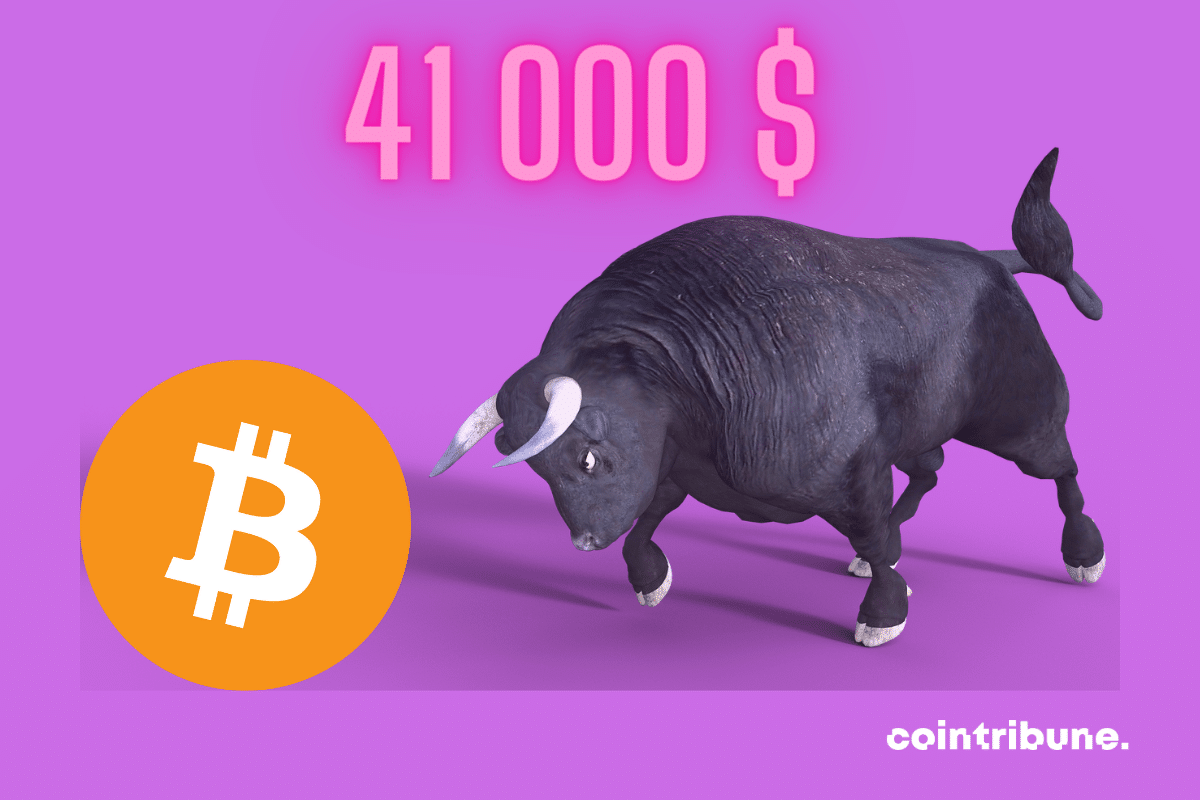 Image de bull, logo de bitcoin et mention "41000 $"