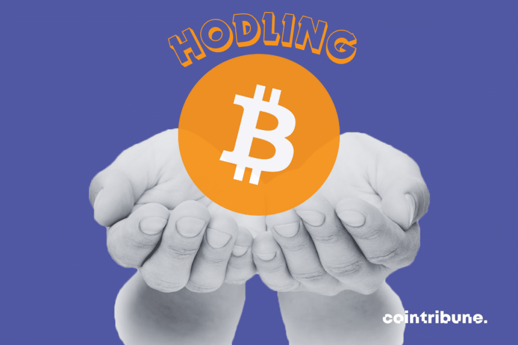 Photo of hands, bitcoin logo and “Hodling” mention