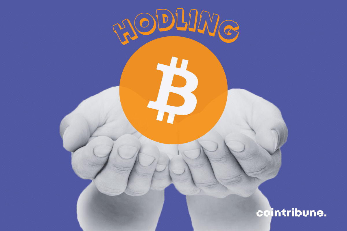 Photo of hands, bitcoin logo and “Hodling” mention