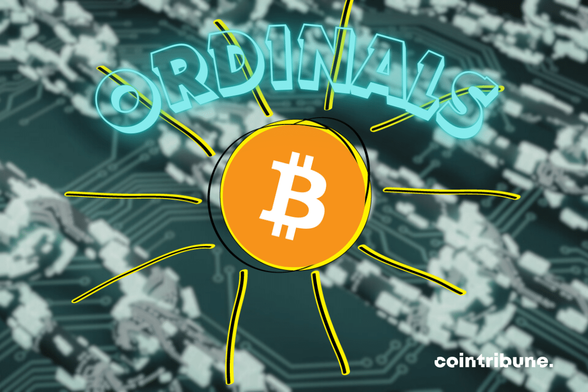 Vecteur de blockchain, logo de Bitcoin sur fond de soleil, mention "Ordinals"